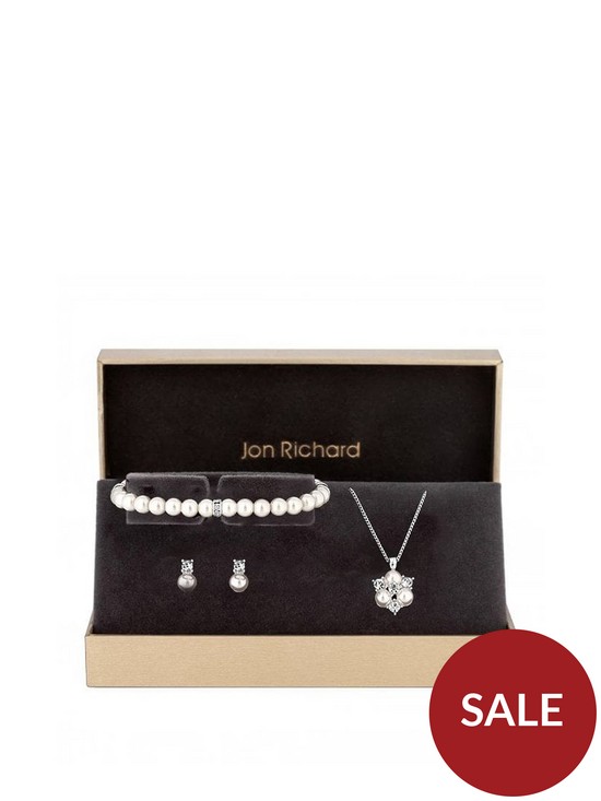 front image of jon-richard-silver-plated-clear-crystal-pearl-and-crystal-cluster-trio-gift-boxed