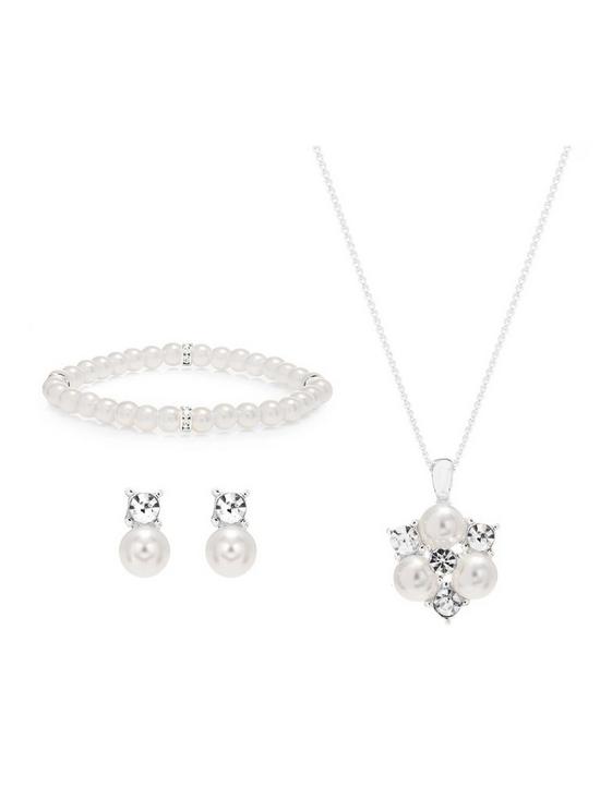 stillFront image of jon-richard-silver-plated-clear-crystal-pearl-and-crystal-cluster-trio-gift-boxed