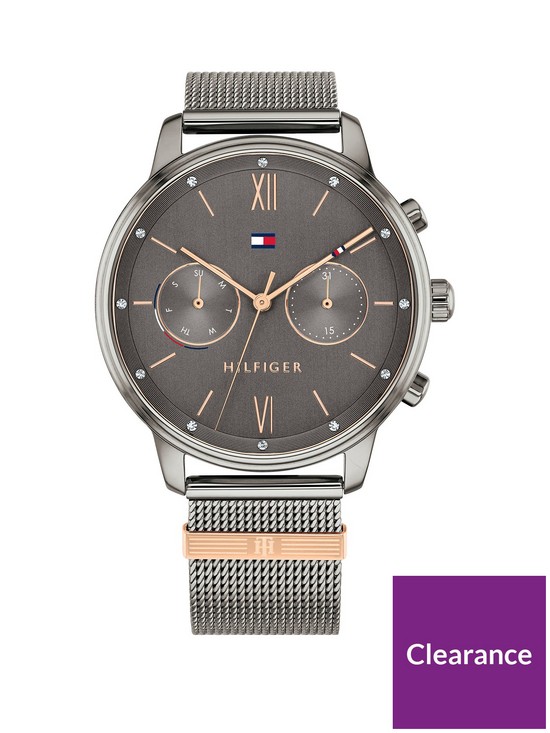 front image of tommy-hilfiger-black-silver-multi-dial-silver-mesh-bracelet-watch