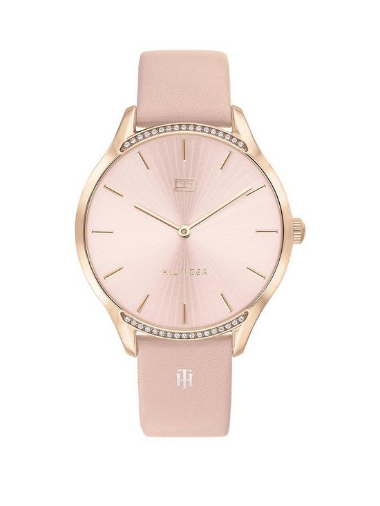 front image of tommy-hilfiger-pink-dial-pink-leather-strap-watch
