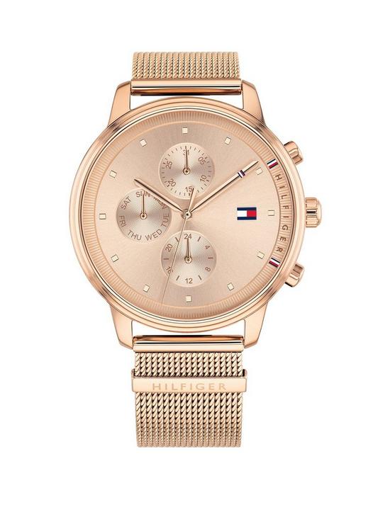 front image of tommy-hilfiger-rose-chronograph-dial-rose-tone-mesh-watch