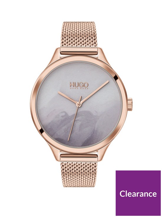 front image of hugo-smash-grey-detailed-dial-rose-tone-mesh-bracelet-watch
