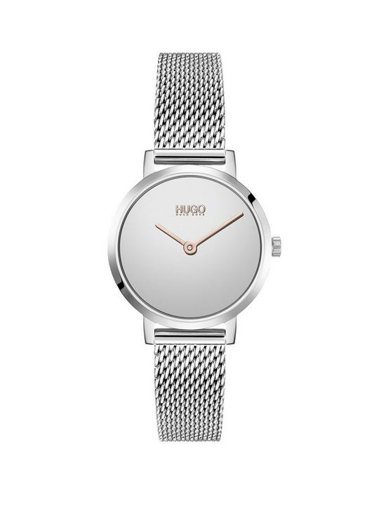 front image of hugo-cherish-silver-dial-stainless-steel-mesh-bracelet-watch