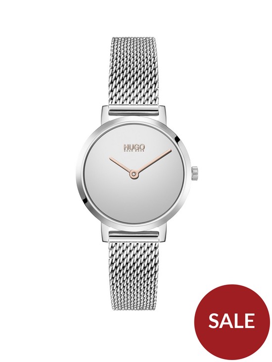 front image of hugo-cherish-silver-dial-stainless-steel-mesh-bracelet-watch