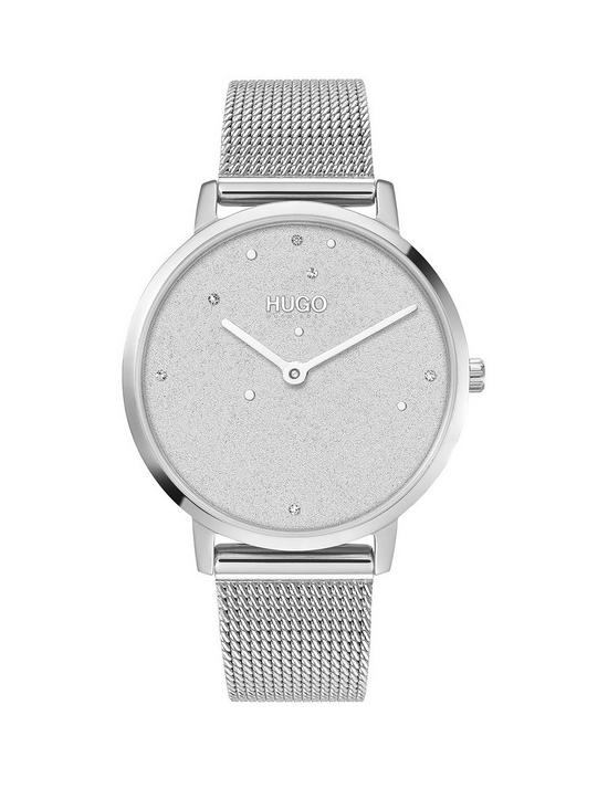 front image of hugo-dream-silver-dial-stainless-steel-mesh-bracelet-watch