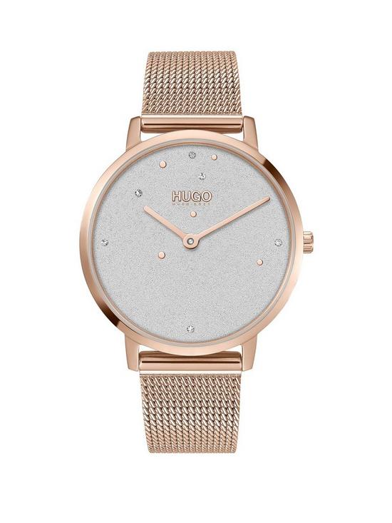 front image of hugo-dream-white-dial-stainless-steel-rose-tone-mesh-bracelet-watch