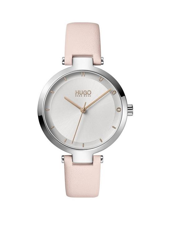 front image of hugo-hope-silver-dial-pink-leather-strap-watch