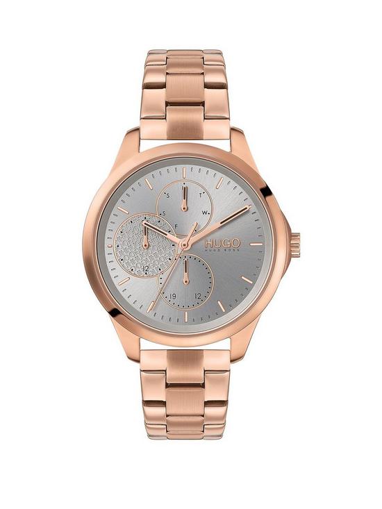 front image of hugo-fearless-grey-multi-dial-rose-tone-bracelet-watch