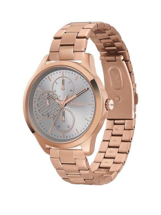 stillFront image of hugo-fearless-grey-multi-dial-rose-tone-bracelet-watch
