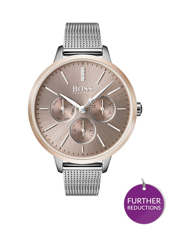 front image of boss-symphony-bronze-multi-dial-stainless-steel-mesh-bracelet-watch