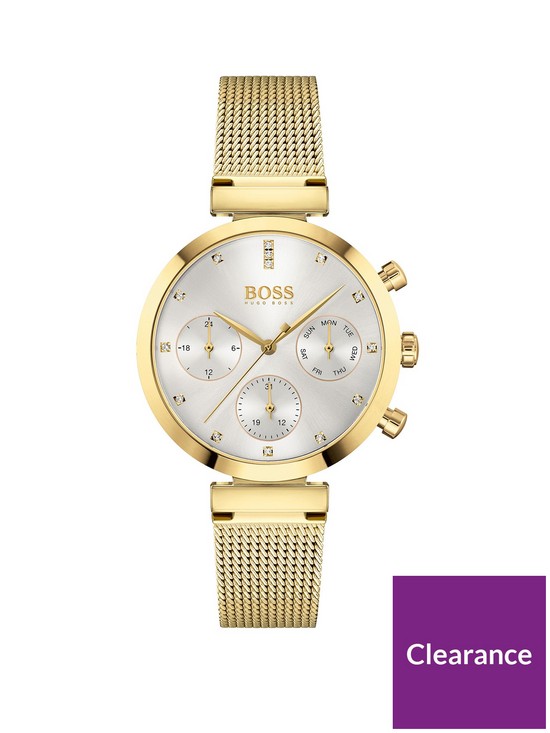 front image of boss-flawless-silver-sunray-crystal-set-dial-gold-stainless-steel-mesh-strap-ladies-watch