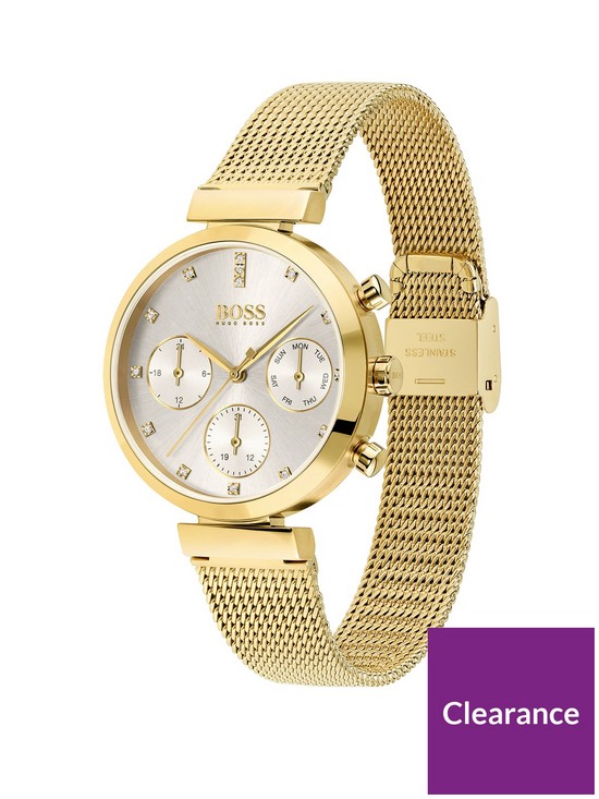 stillFront image of boss-flawless-silver-sunray-crystal-set-dial-gold-stainless-steel-mesh-strap-ladies-watch