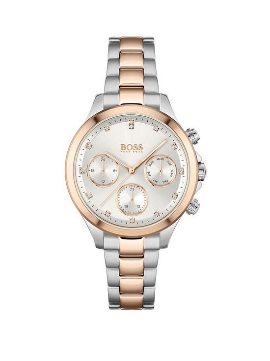 front image of boss-hera-silver-multi-dial-two-tone-bracelet-watch