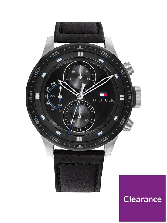 front image of tommy-hilfiger-black-multi-dial-black-leather-strap-watch
