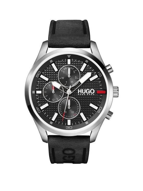 front image of hugo-chase-black-chronograph-dial-black-leather-strap-watch