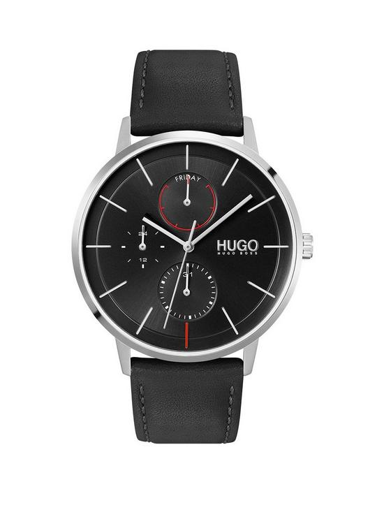 front image of hugo-exist-black-multi-dial-black-leather-strap-watch