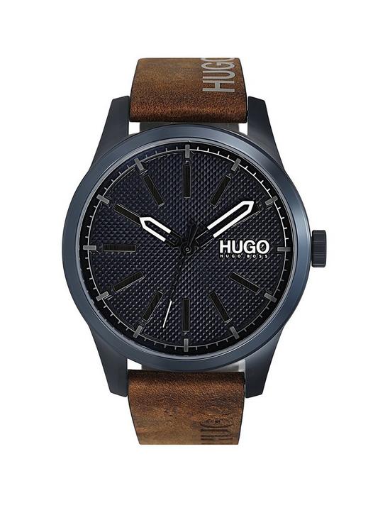 front image of hugo-invent-blue-dial-tan-leather-strap-watch
