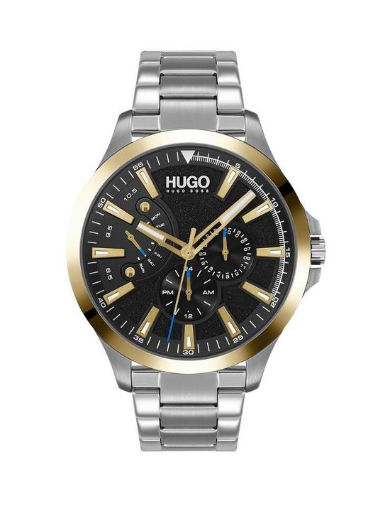front image of hugo-leap-black-multi-dial-gold-tone-bezel-stainless-steel-bracelet-watch