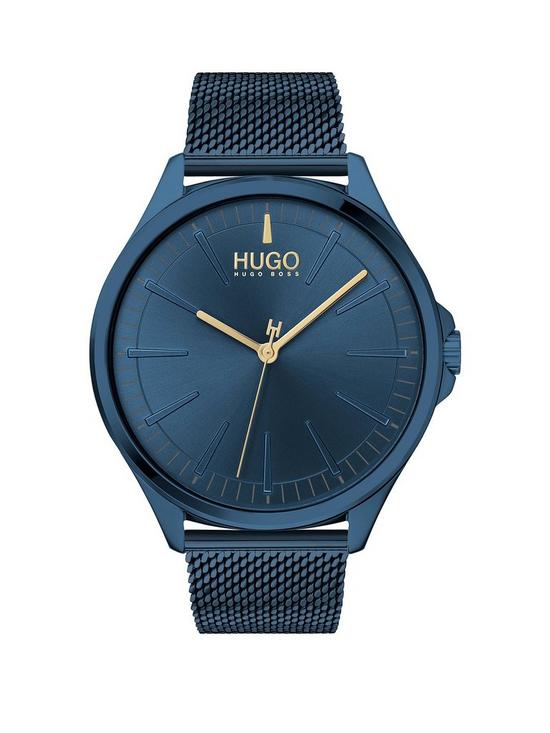 front image of hugo-smash-blue-dial-blue-mesh-strap-watch
