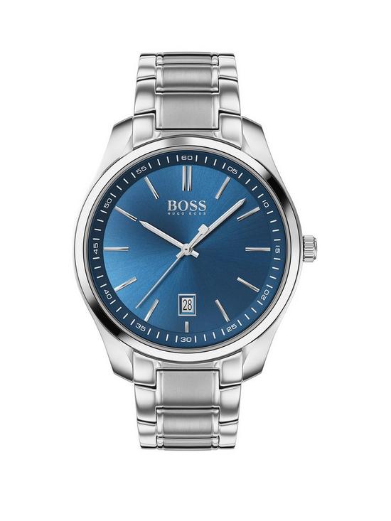 front image of boss-circuit-blue-date-dial-stainless-steel-bracelet-watch