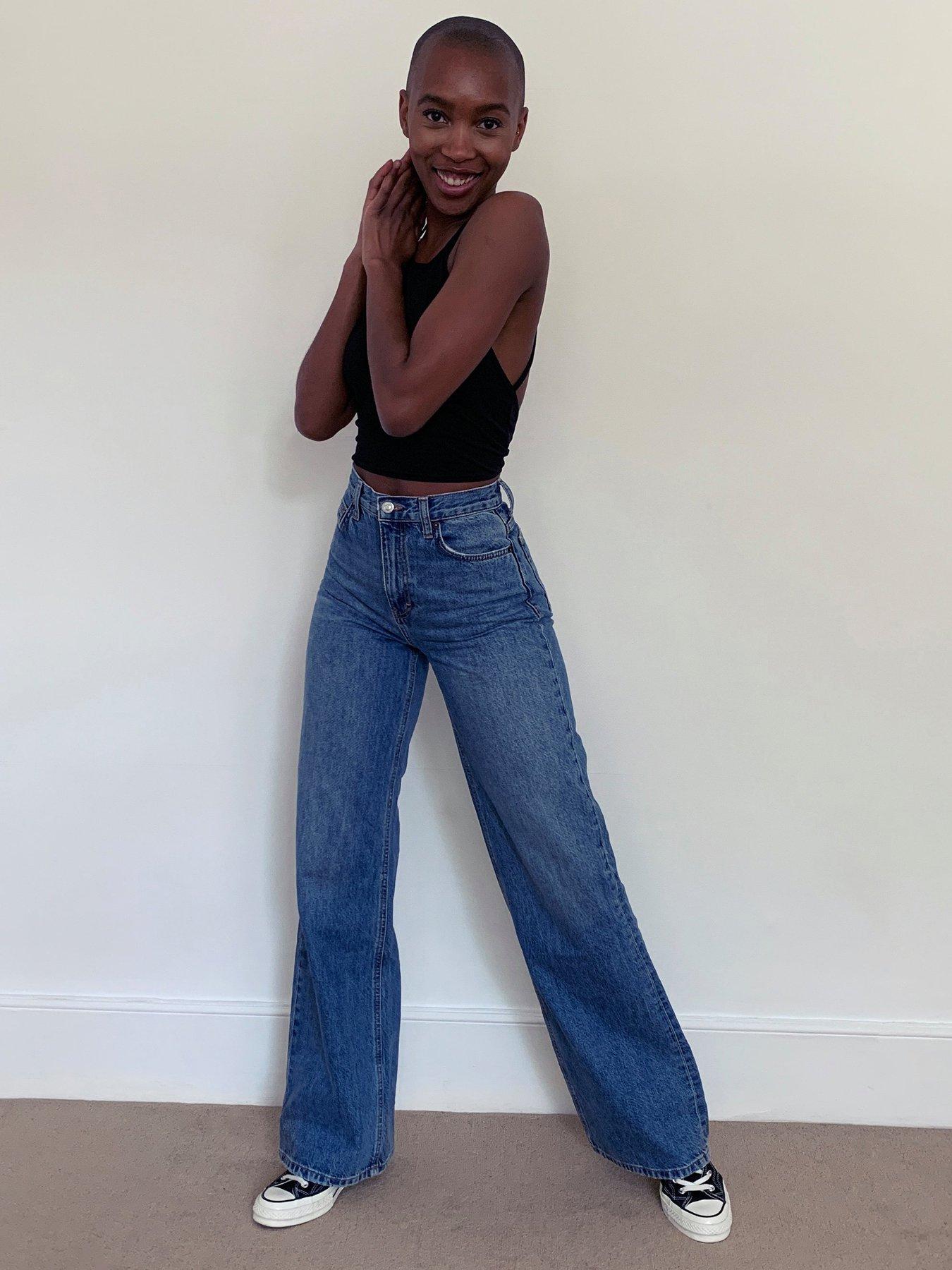 mid blue slim wide leg jeans
