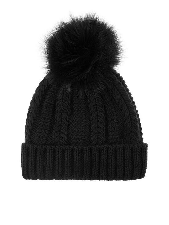 front image of accessorize-luxe-pom-beanie-black