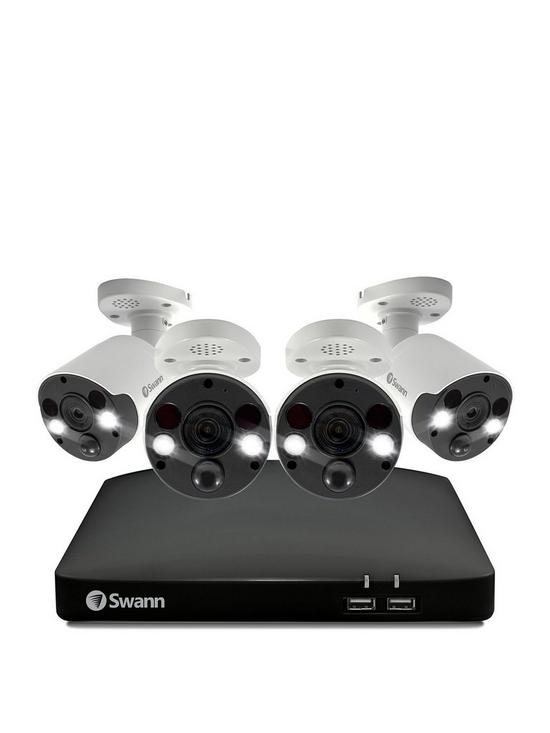 front image of swann-smart-security-cctv-system-8-chl-4k-2tb-hdd-nvr-4-x-pro-4k-spotlight-camera-works-with-alexa-google-assistant-amp-swann-security-swnvk-887804fb-eu