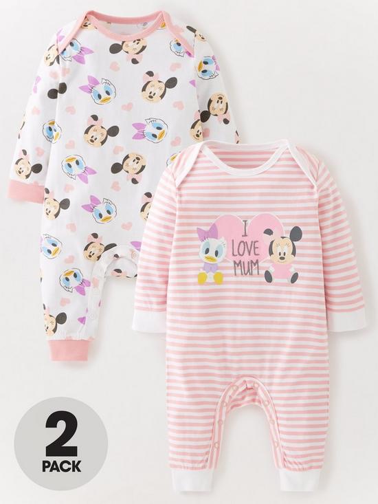 front image of minnie-mouse-baby-girl-minnie-mouse-and-daisy-duck-2-pack-baby-sleepsuits-pink