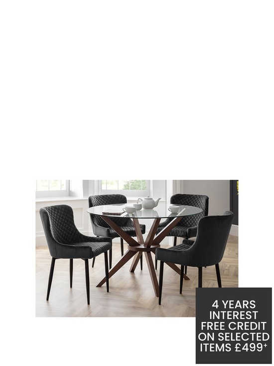 front image of julian-bowen-set-of-chelsea-120nbspcm-round-glass-top-diningnbsptable-4-luxe-grey-chairs