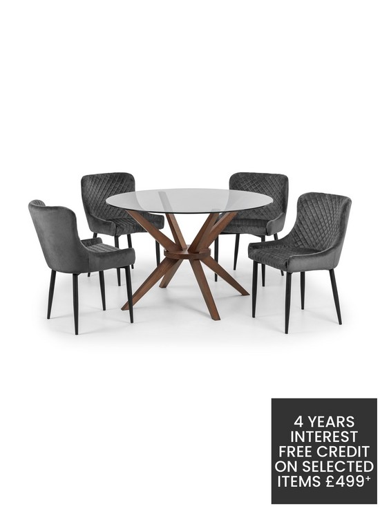 stillFront image of julian-bowen-set-of-chelsea-120nbspcm-round-glass-top-diningnbsptable-4-luxe-grey-chairs