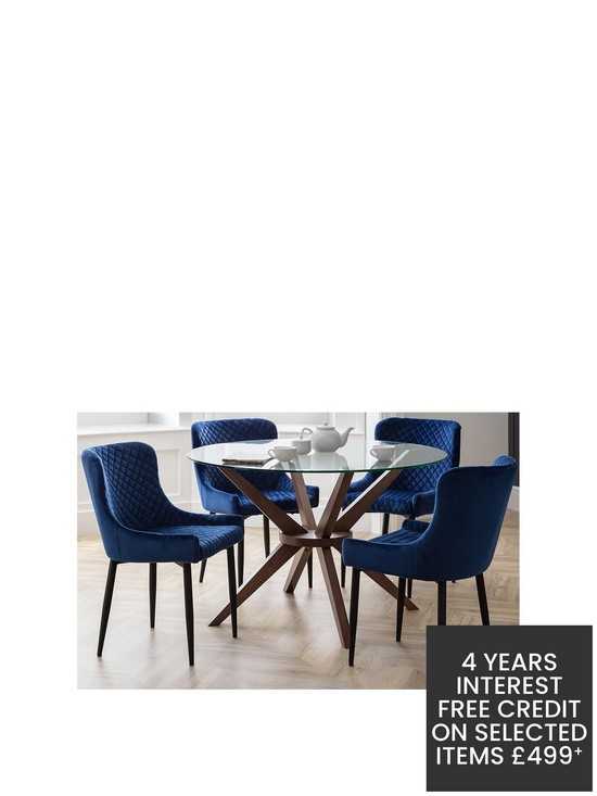 front image of julian-bowen-chelsea-120nbspcm-round-dining-table-4-luxe-blue-chairs