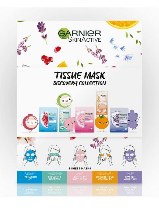 front image of garnier-sheet-mask-discovery-collection-face-eye-sheet-mask-set-for-dehydrated-dull-and-tired-skin-pack-of-5-tissue-masks