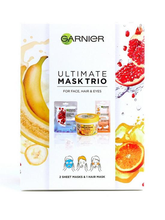 front image of garnier-ultimate-mask-trio-for-face-hair-and-eyes