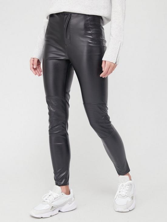 front image of missguided-faux-leather-biker-detail-trouser-black