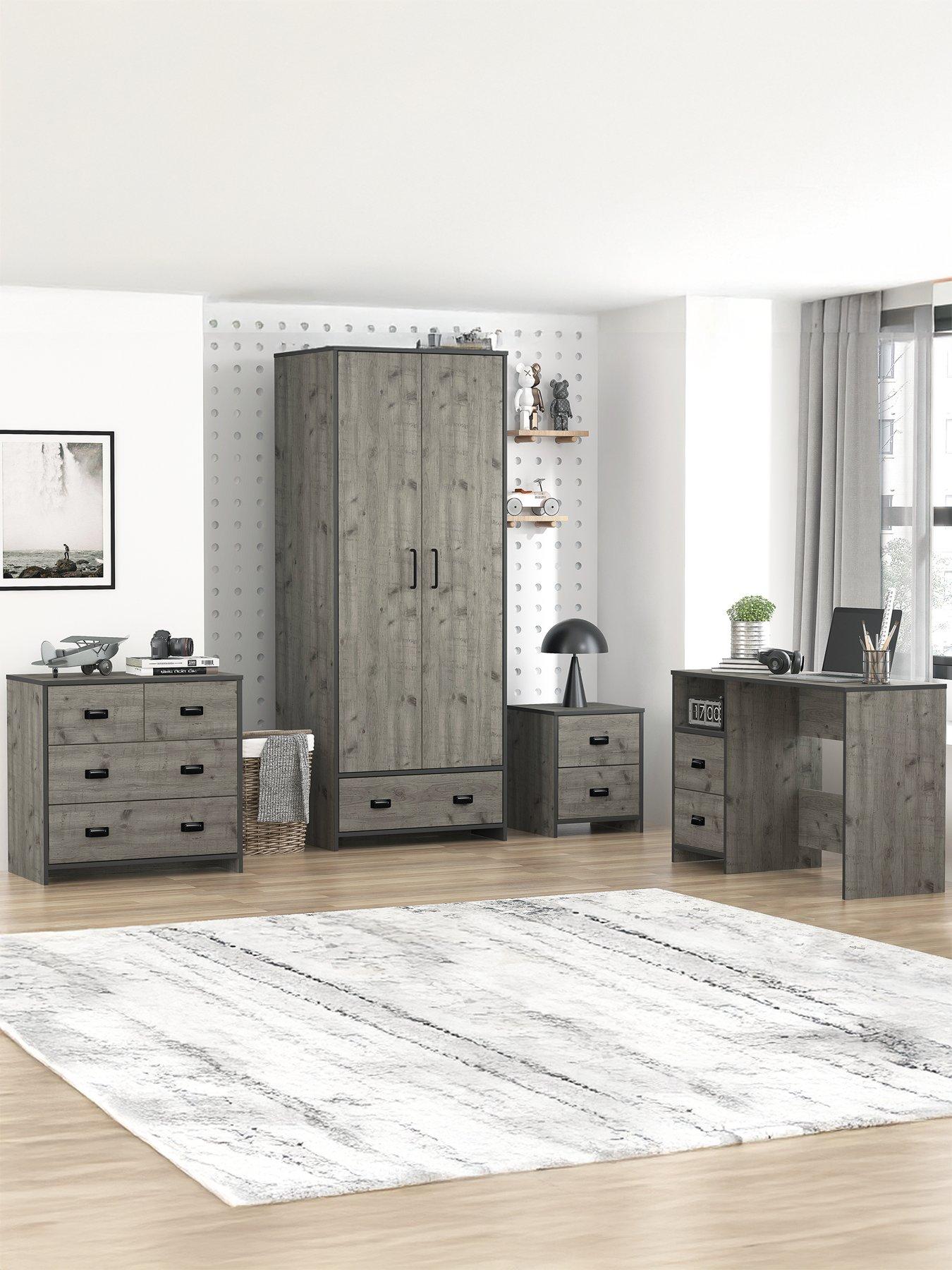 The Very Collection Jackson 4 Piece Package - Kids 2 Door, 1 Drawer Wardrobe, 2 + 2 Drawer Chest, 2 Drawer Bedside Chest and Desk - Mexican Grey