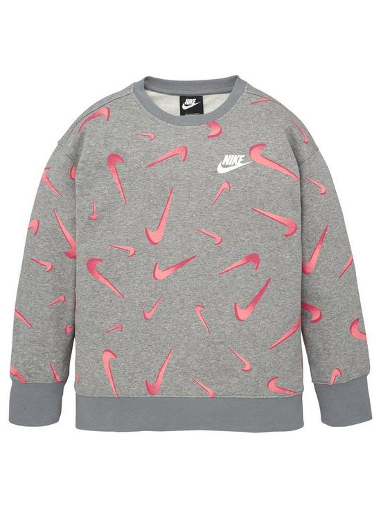 front image of nike-girls-nsw-french-terry-all-over-print-boyfriend-crew-neck-sweat-top-greynbsp
