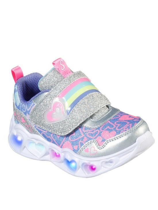 front image of skechers-toddler-heart-lights-lovie-dovie-trainers-silver