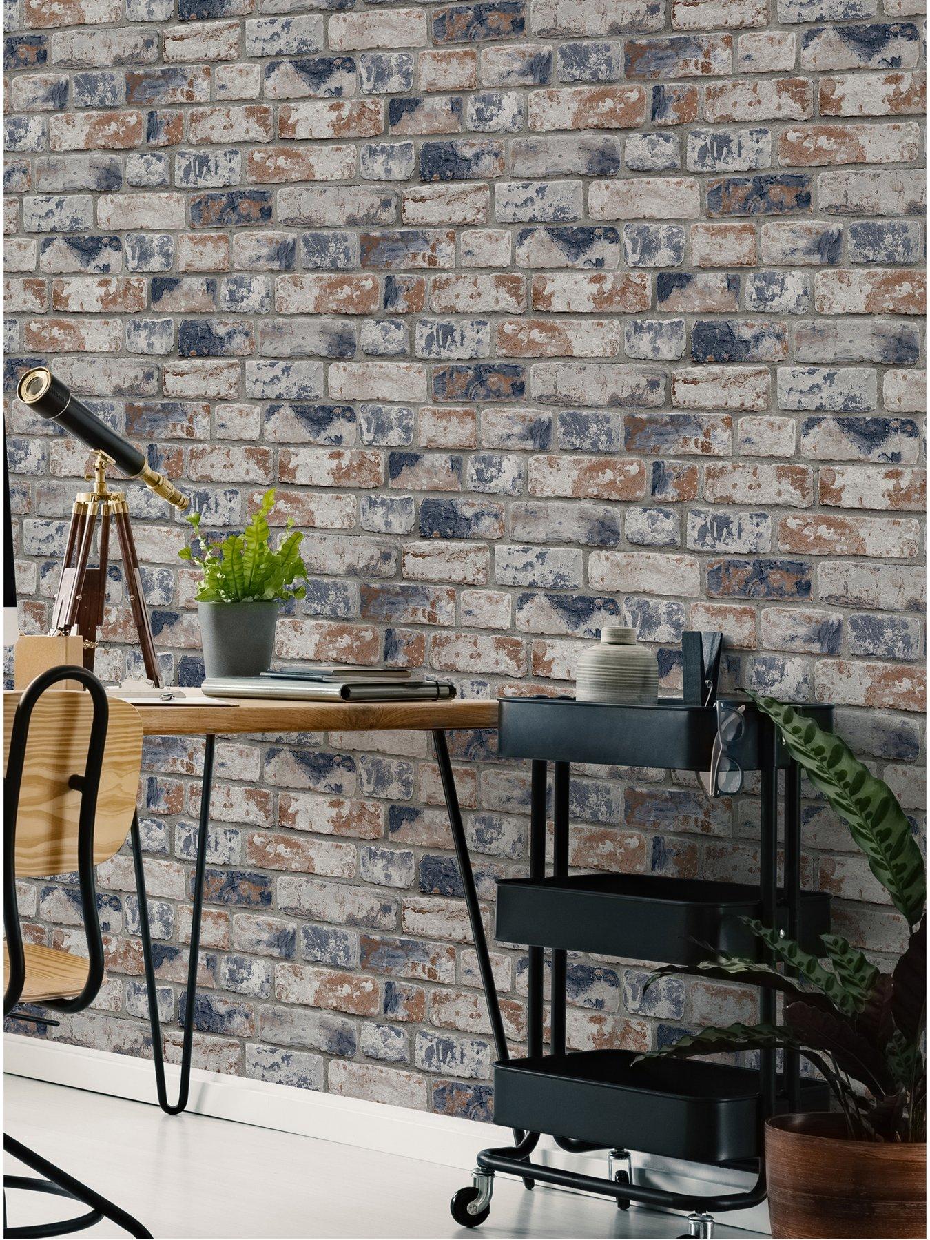 Image 1 of 4 of Fresco Distressed Brick Navy and Red Wallpaper