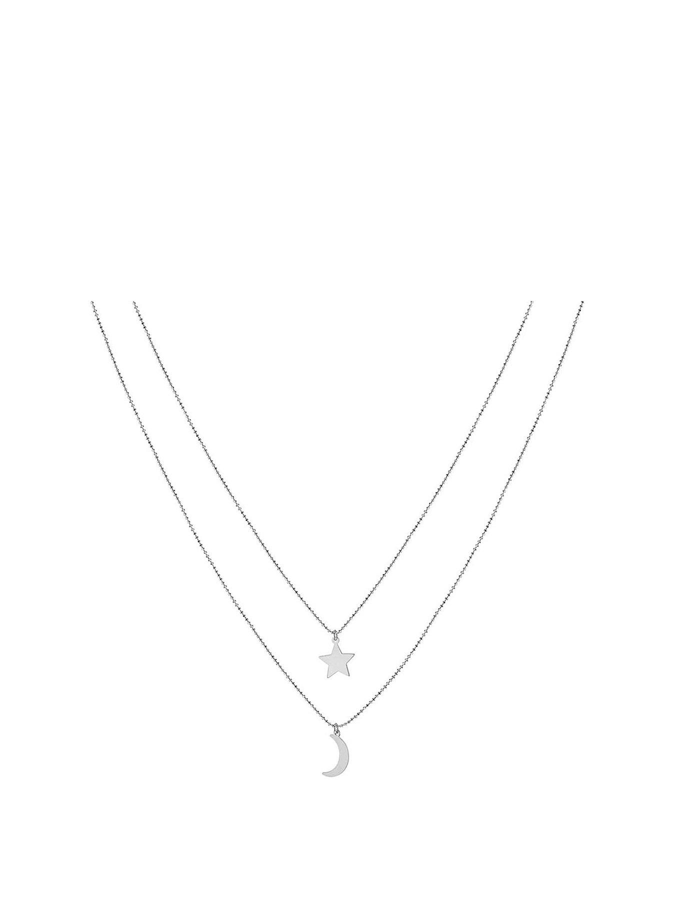 Image 1 of 3 of The Love Collection Sterling Silver Moon and Star Diamond Cut Ball Chain Necklace