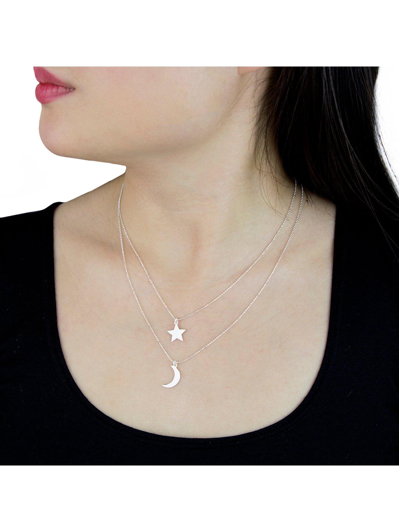 Image 2 of 3 of The Love Collection Sterling Silver Moon and Star Diamond Cut Ball Chain Necklace