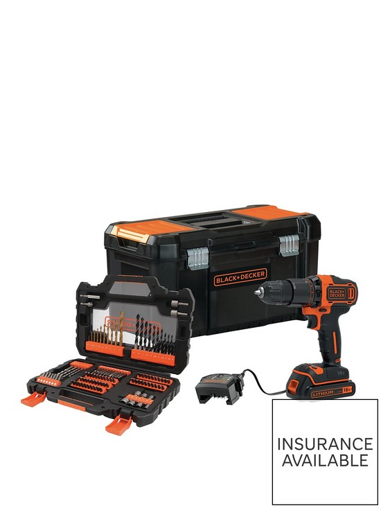 front image of black-decker-18v-2-gear-hammer-drill-with-toolbox-and-104-accessory-set