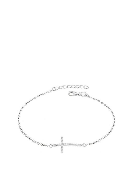 front image of the-love-silver-collection-sterling-silver-rhodium-plated-cubic-zirconia-cross-bracelet