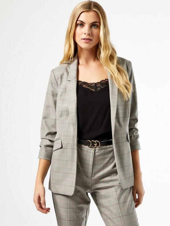 front image of dorothy-perkins-check-ruched-sleeve-blazernbsp--grey