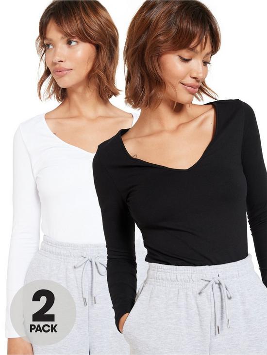 front image of everyday-2-pack-long-sleevenbspstretch-v-neck-top-blackwhite