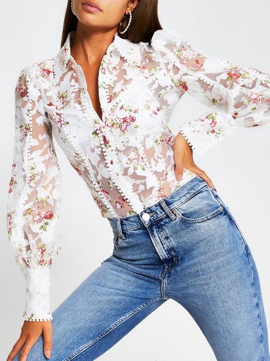 front image of river-island-floral-burnout-detail-fitted-shirt-white