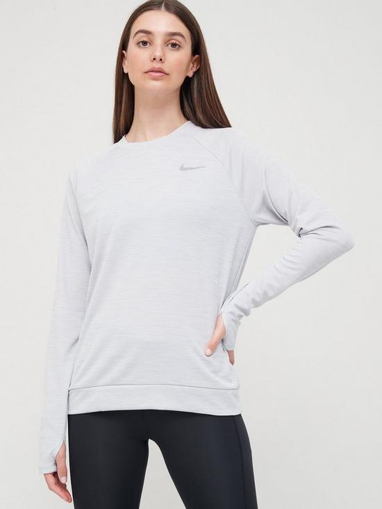 front image of nike-running-long-sleeve-pacer-crew-top-grey