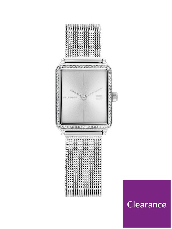 front image of tommy-hilfiger-tea-silver-square-dial-mesh-bracelet-watch