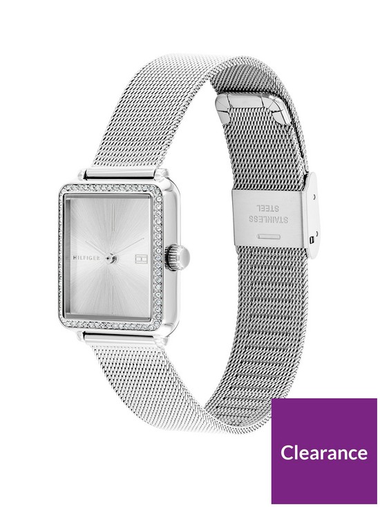 stillFront image of tommy-hilfiger-tea-silver-square-dial-mesh-bracelet-watch