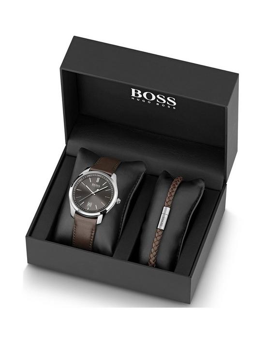 front image of boss-grey-sunray-dial-brown-leather-strap-mens-watch-and-matching-bracelet-gift-set