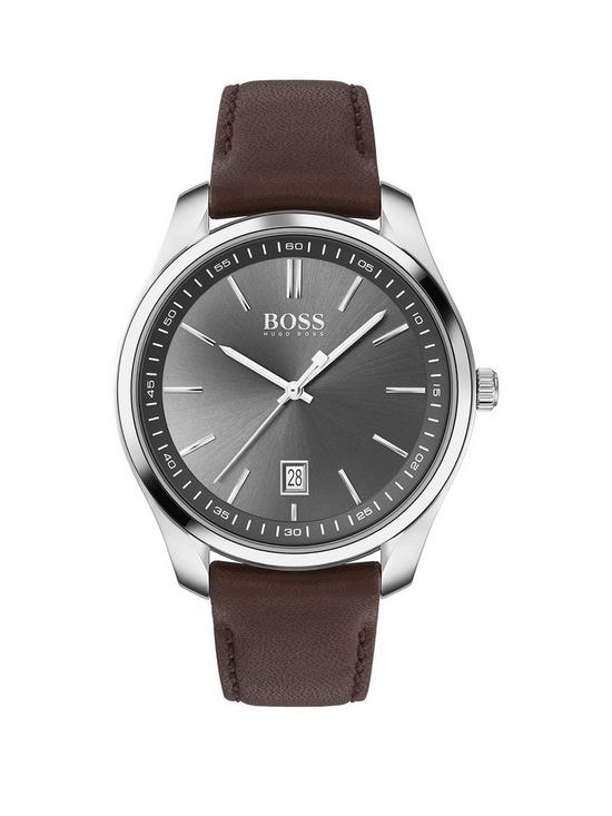 stillFront image of boss-grey-sunray-dial-brown-leather-strap-mens-watch-and-matching-bracelet-gift-set